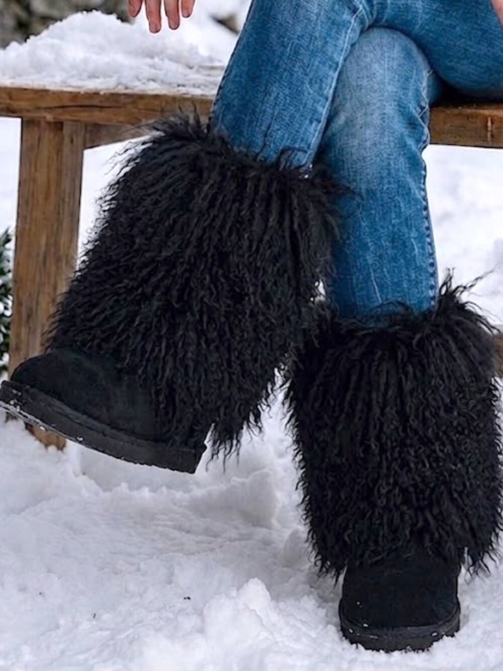 Bearpaw Boetis Black Curly Lamb Fur Sheepskin Lined Sherpa Boho Boots 7 NEW